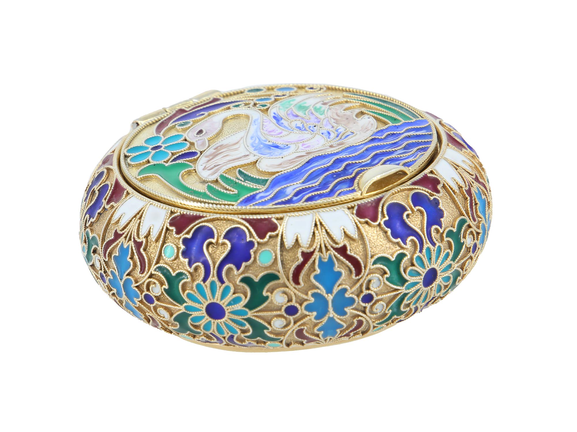 RUSSIAN GILT SILVER AND CLOISONNE ENAMEL PILL BOX PIC-1